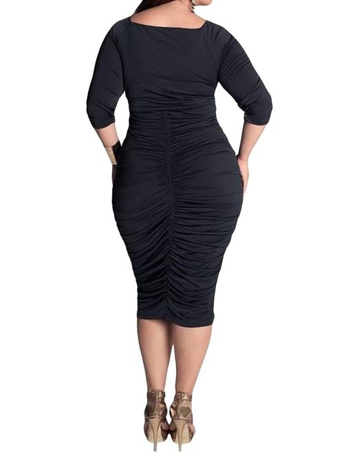 POSESHE Womens Plus Size Deep V Neck Wrap Ruched Waisted Bodycon Dress