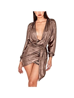 Ophestin Womens Sexy Deep V Neck Metallic Glitter Ruched Long Sleeve Party Dress