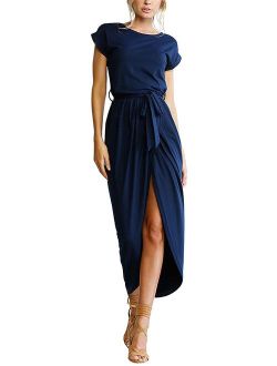 Yidarton Women's Casual Short Sleeve Slit Solid Party Summer Long Maxi Dress