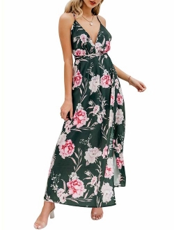 Sexy Chiffon Deep V Neck Backless Floral Print High Side Slit Maxi Party Dress