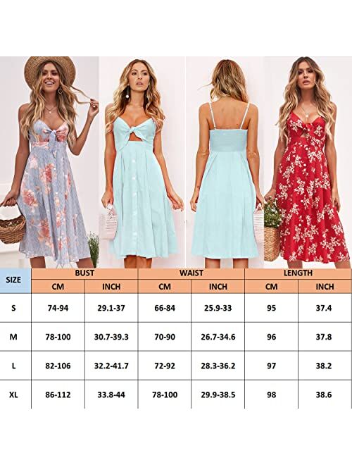 ECOWISH Womens Dresses Summer Tie Front V-Neck Spaghetti Strap Button Down A-Line Backless Swing Midi Dress