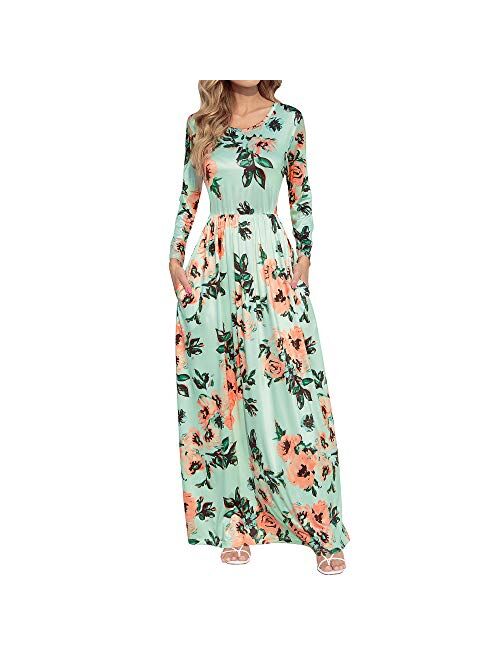 HOOYON Floral Printed Long Sleeve Summer Caual Long Maxi Dress With Pockets