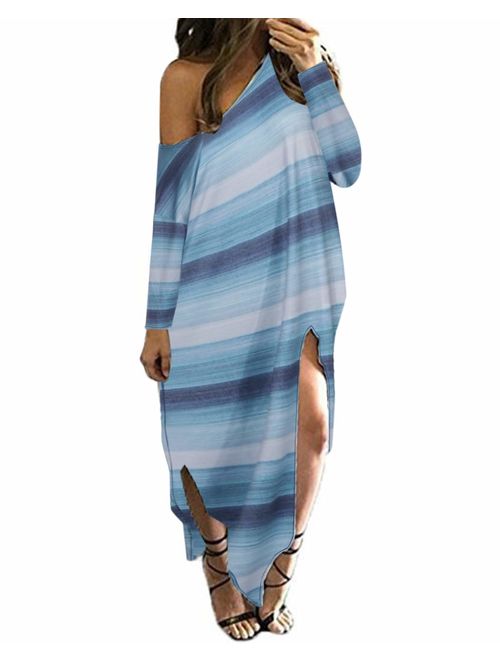 Buy Kidsform Women Maxi Dress Striped Long Dresses Casual Loose Kaftan  Oversized Round Neck Sundress online | Topofstyle