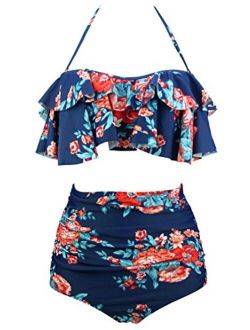 COCOSHIP Women's Retro Boho Flounce Falbala High Waist Bikini Set Chic Swimsuit(FBA)