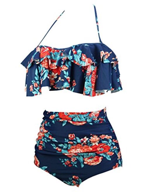 COCOSHIP Women's Retro Boho Flounce Falbala High Waist Bikini Set Chic Swimsuit(FBA)