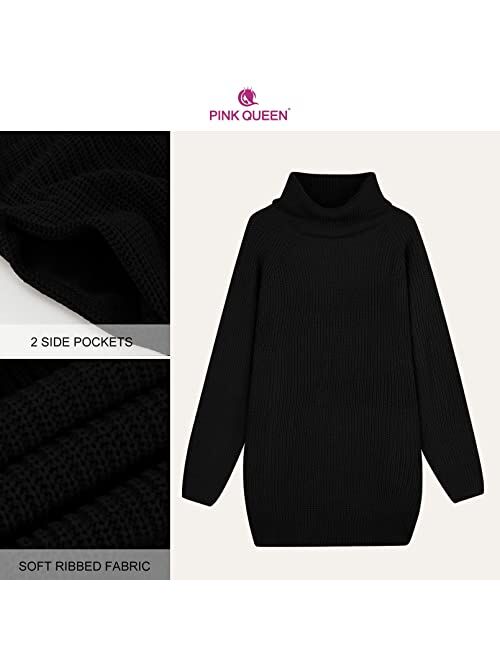 Pink Queen Women's Loose Oversize Turtleneck Wool Long Pullover Sweater Dress