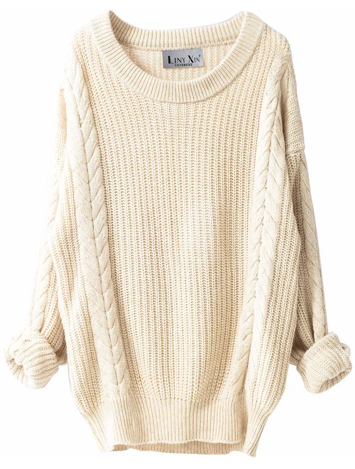 Liny Xin Women's Cashmere Oversized Loose Knitted Crew Neck Long Sleeve Winter Warm Wool Pullover Long Sweater Dresses Tops