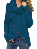 Bravetoshop Womens Chunky Knit Button Turtle Cowl Neck Asymmetric Hem Wrap Pullover Sweater