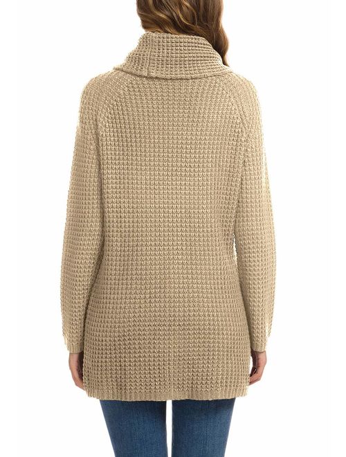 Fanteecy Womens Chunky Button Turtle Cowl Neck Asymmetric Hem Wrap Pullover Sweater Loose Colorblock Knit Coat 