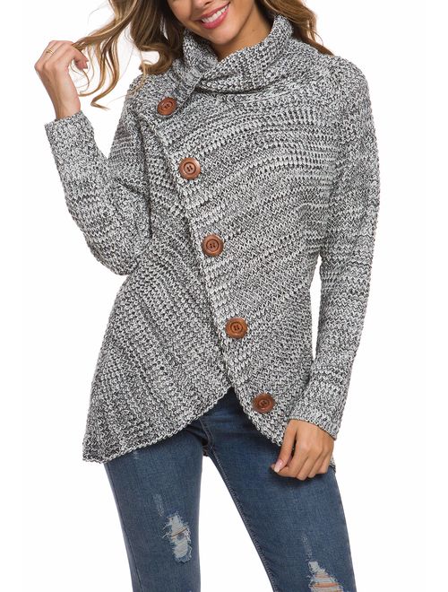 GRECERELLE Women's Casual Turtle Cowl Neck Asymmetric Hem Wrap Pullover Chunky Button Knit Sweater