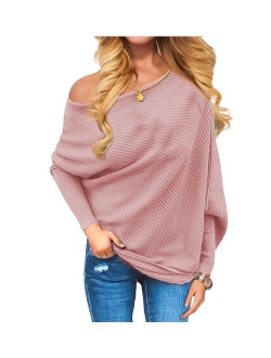 VOIANLIMO Women's Off Shoulder Knit Jumper Long Sleeve Pullover Baggy Solid Sweater
