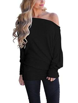 INFITTY Women's Off Shoulder Loose Pullover Sweater Batwing Sleeve Knit Jumper Oversized Tunics Top