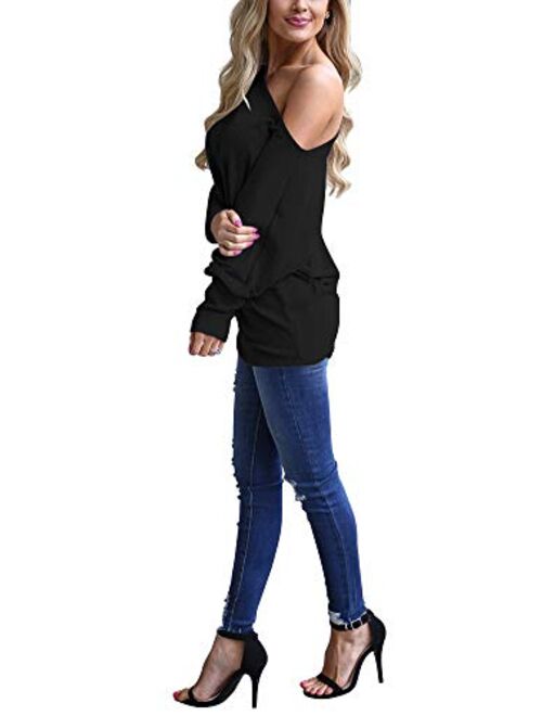 INFITTY Women's Off Shoulder Loose Pullover Sweater Batwing Sleeve Knit Jumper Oversized Tunics Top