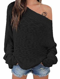 Exlura Women's Off Shoulder Sweater Batwing Sleeve Loose Oversized Pullover Knit Jumper