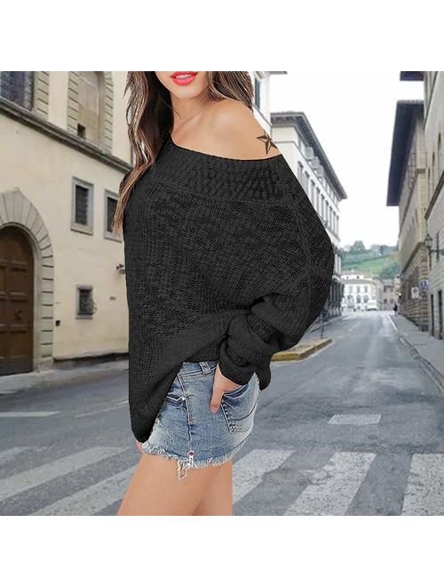 Exlura Women's Off Shoulder Sweater Batwing Sleeve Loose Oversized Pullover Knit Jumper
