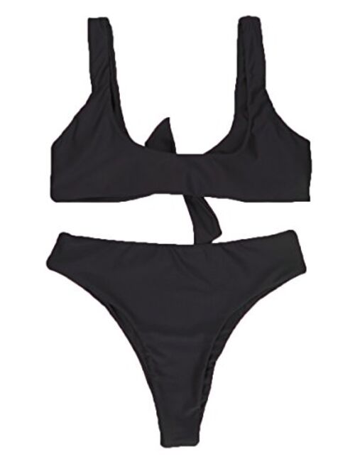 QINSEN Womens Tie Knot Front High Waist Thong Bandage 2PCS Bikini Sets Beachwear