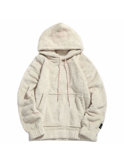 Men's Solid Winter Fluffy Hoodie Oversized Hooded Pullover Sweatshirt Outwear with Kangaroo Pocket