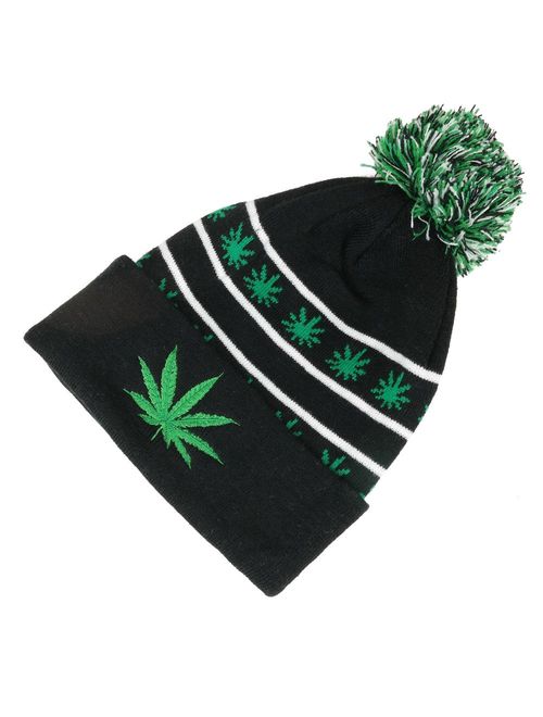 Marijuana Leafs Pom Pom Acrylic Beanie Hat