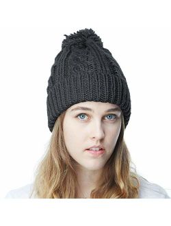 The Hat Depot Women Winter Oversized Chunky Thick Stretchy Knitted Pom Pom Beanie Fleece Lined Beanie Hat