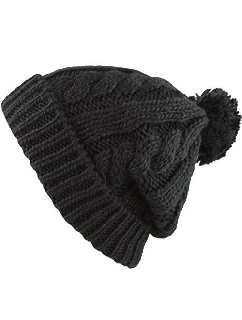 The Hat Depot Women Winter Oversized Chunky Thick Stretchy Knitted Pom Pom Beanie Fleece Lined Beanie Hat