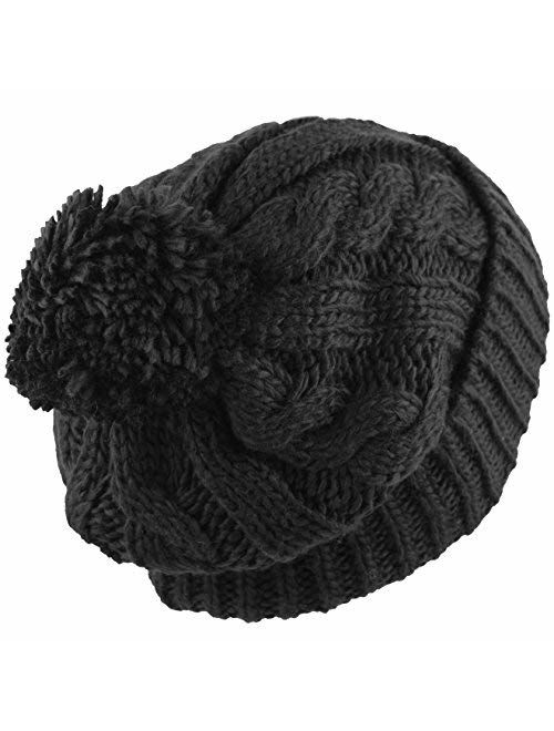 The Hat Depot Women Winter Oversized Chunky Thick Stretchy Knitted Pom Pom Beanie Fleece Lined Beanie Hat