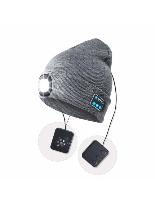 OHYGGE Bluetooth Unisex 4 LED Knitted Flashlight Beanie Hat/Cap for Hunting, Camping, Grilling, Auto Repair, Jogging, Walking, or Handyman Working - One Size Fits Most
