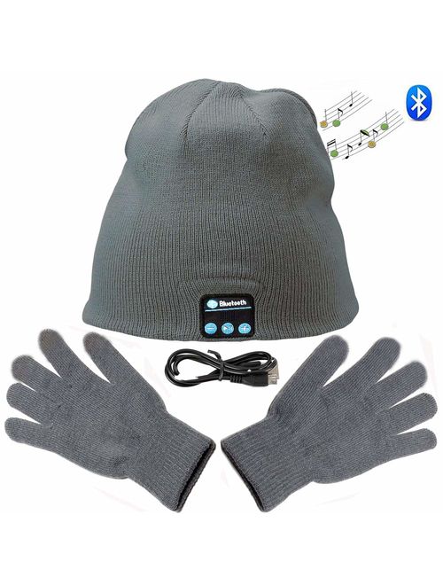Zonman Wireless Bluetooth Hat Headphones+Free Touchscreen Gloves for Fitness Outdoor Sports Walking (Gray)
