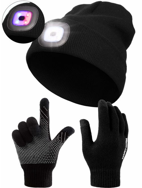 8-LED Unisex Beanie Cap and Screen Touch Glove, Alarm Mode Light Up Hat, Anti-Slip Silicone Gel Glove, USB Rechargeable