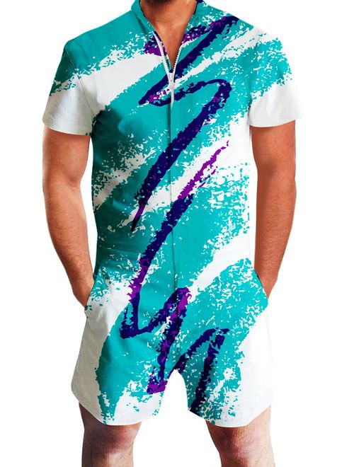 Goodstoworld Mens Fashion Zip Rompers All Print Short Sleeve One Piece Party Jumpsuit with Pocket S-XXL 