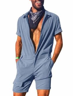 Enjoybuy Mens Zip Up Short Sleeve Rompers Jumpsuit Turn Down Collar Casual Shorts Coverall with Pocket