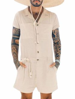 Pengfei Mens Rompers Shorts Jumpsuits Short Sleeve One Piece Button Down Casual Coverall with Pockets