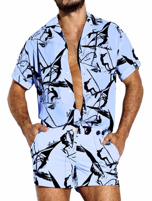 Taoliyuan Mens Short Sleeve Romper Coveralls Hawaii Casual Slim Fit Button Down One Piece Jumpsuit Overalls