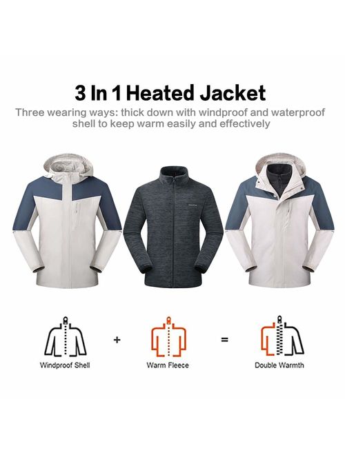 Venustas [2019 New Men's 3-in-1 Heated Jacket with Battery Pack, Ski Jacket Winter Jacket with Removable Hood Waterproof