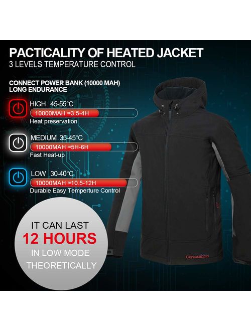 CONQUECO Men's Heated Jacket Soft Shell Hoodie Jacket for Outdoors