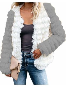 Womens Open Front Faux Fur Cardigan Vintage Parka Shaggy Jacket Coat