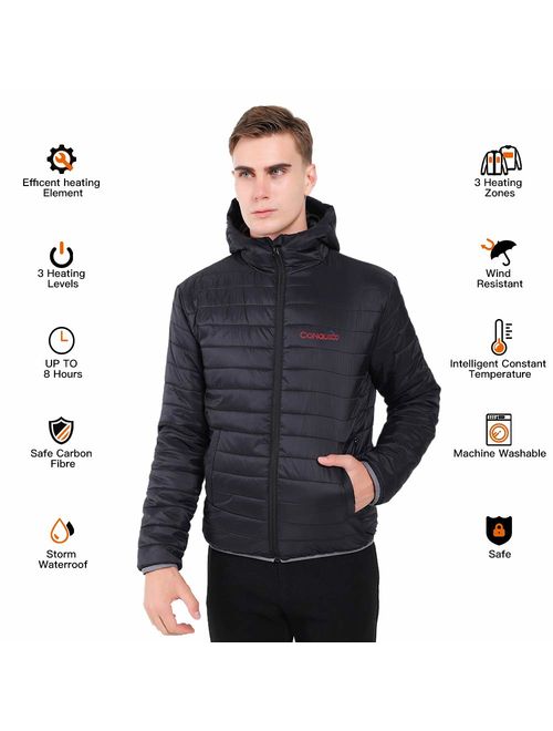 CONQUECO Men's Heated Jacket Light Weight Electric Jacket for Waterproof and Windproof in Winter