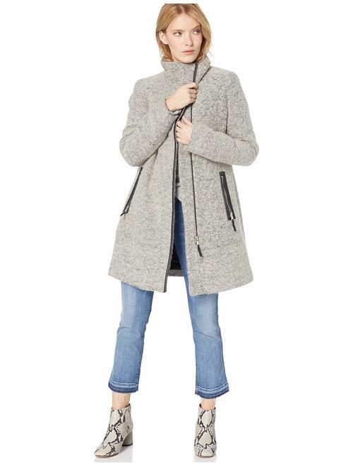 Calvin Klein Women's Wool Coat with Tunnel Collar and Pu Trim, Snap Bar Detail at Neck