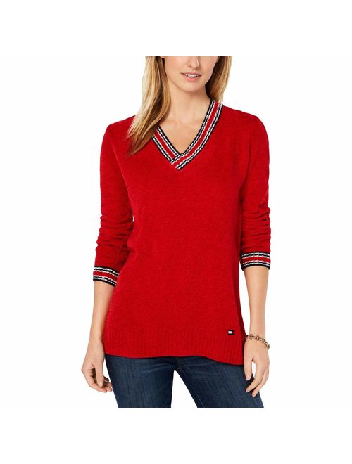 Tommy Hilfiger Womens Striped Ribbed Trim V-Neck Sweater