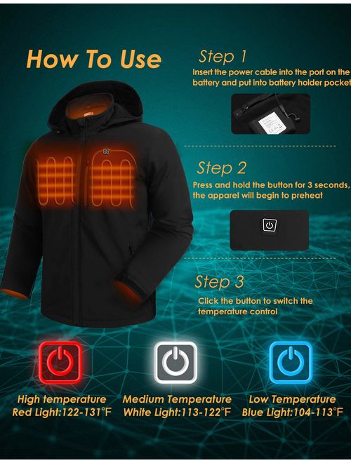 Hotouch Men's Heated Jacket Detachable Hood Coat Zipped Waterproof Thermal Clothing with 5.0Ah Battery Pack