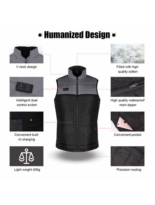 Heated Vest for Man/Woman, Electric Heating Coat Dual Independent Temperature Control Extra Collar Heated Hiking, Ice skating for Heated Jacket/Sweater/Thermal Underwear 
