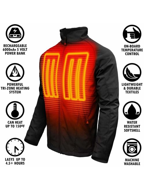 ActionHeat 5V Battery Heated Jacket for Men with Tri-Zone Heating, Touch Control, Machine Washable - Winter Heating Jacket for Skiing, Camping, Motorcycling, Hiking - Bla