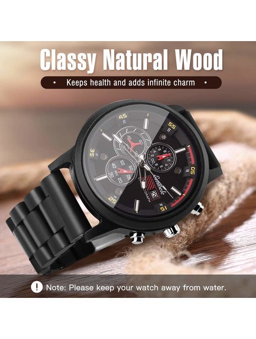 Emibele Men's Wooden Watch, Date Display Chronograph Quartz Wrist Watch, 3 Sub-dials Handmade Lightweight Luminous Watch, Walnut/Ebony/Sandalwood/Zebrawood