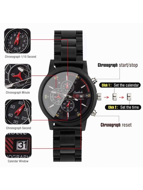 Emibele Men's Wooden Watch, Date Display Chronograph Quartz Wrist Watch, 3 Sub-dials Handmade Lightweight Luminous Watch, Walnut/Ebony/Sandalwood/Zebrawood