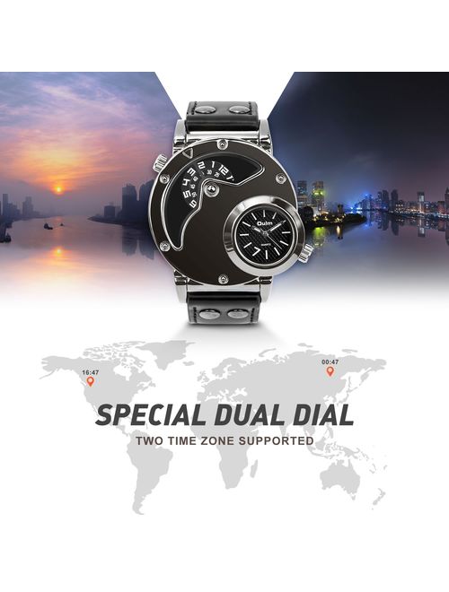 MJSCPHBJK Men's Unique Analog Watch, Waterproof Fashion Dress Quartz Wrist Watch with Dual Dial Cool Design Leather Band Dual Time Watches