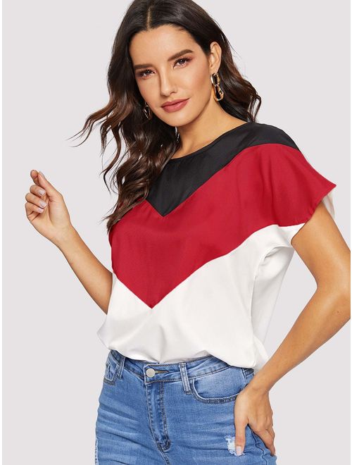 Romwe Women's Color Block Blouse Short Sleeve Casual Tee Shirts Tunic Tops
