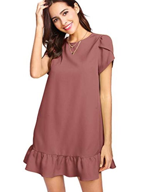 Verdusa Women's Round Neck Petal Short Sleeve Ruffle Hem Tunic Dress