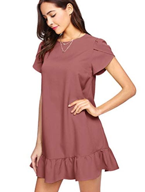 Verdusa Women's Round Neck Petal Short Sleeve Ruffle Hem Tunic Dress