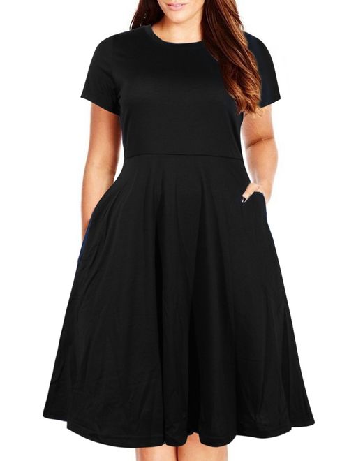 Nemidor Women's Round Neck Summer Casual Plus Size Fit and Flare Midi Dress with Pocket