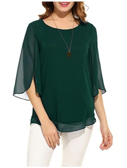 ACEVOG Womens Casual Scoop Neck Loose Top 3/4 Sleeve Chiffon Blouse Shirt Tops