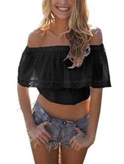 Relipop Women's Short Sleeve Shirt Strapless Blouses Off Shoulder Crop Tops